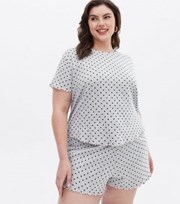 New Look Curves Pale Grey Pointelle Short Pyjama Set with Heart Print